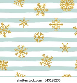 Gold glittering snowflakes seamless pattern on striped background