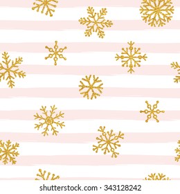 Gold glittering snowflakes seamless pattern on striped background