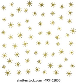 Gold glittering snowflakes seamless pattern on white background