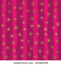 Gold glittering snowflakes seamless pattern on pink striped background