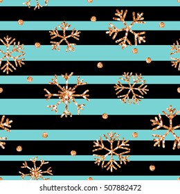 Gold glittering snowflakes seamless pattern on striped background. Vector illustration. 