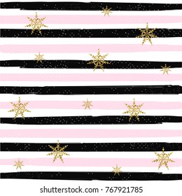 Gold glittering snowflakes seamless pattern on striped background vector illustration. Pattern texture. Modern cover design. Template background