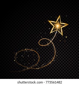 Gold glittering spiral star dust trail sparkling particles on transparent background. Space comet tail. Vector glamour fashion illustration