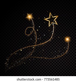 Gold glittering spiral star dust trail sparkling particles on transparent background. Space comet tail. Vector glamour fashion illustration