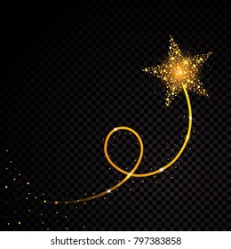 Gold glittering spiral star dust trail sparkling particles on transparent background. Space comet tail. Vector glamour fashion illustration