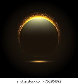 Gold glittering star dust lights circle. Sparks in explosion on black background. Graphic concept for your design