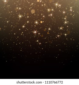 Gold glittering star dust sparkling particles on dark background. EPS 10