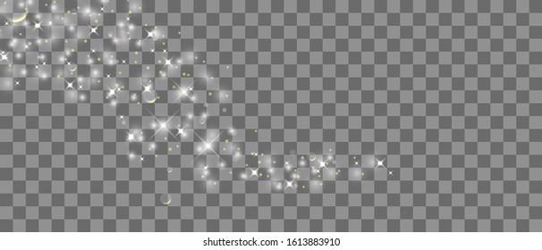 Gold glittering star dust trail sparkling particles isolated on transparent background. Vector white glitter wave abstract illustration. Light glow effect stars bursts with sparkles.