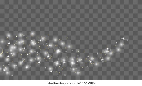 Gold glittering star dust trail sparkling particles isolated on transparent background. Vector white glitter wave abstract illustration. Light glow effect stars bursts with sparkles.