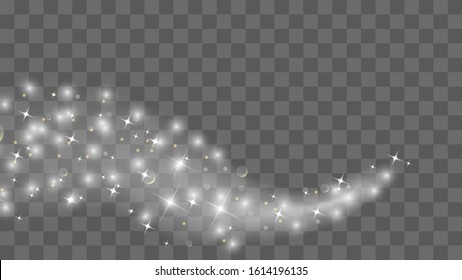 Gold Glittering Star Dust Trail Sparkling Particles Isolated On Transparent Background. Vector White Glitter Wave Abstract Illustration. Light Glow Effect Stars Bursts With Sparkles.