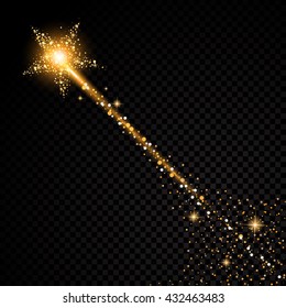 Gold glittering star dust trail sparkling particles on transparent background. Space comet tail. Vector glamour fashion illustration.