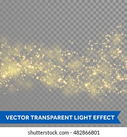 Gold glittering star dust trail sparkling particles on transparent background. Space comet tail. Vector glamour fashion illustration