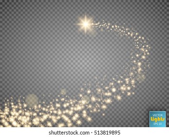 Gold Glittering Star Dust Trail Sparkling Particles On Transparent Background. Space Comet Tail. Vector Glamour Fashion Illustration.