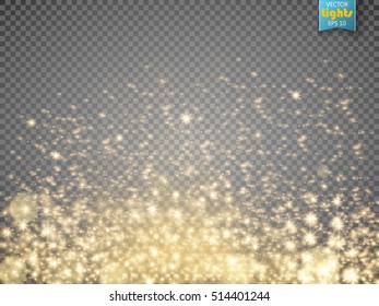 Gold glittering star dust trail sparkling particles on transparent background. Space comet tail. Vector glamour fashion illustration.