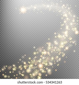 Gold glittering star dust trail sparkling particles on transparent background. Space comet tail. Glamour fashion illustration. EPS 10 vector file included