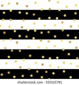 Gold glittering stars with black and white striped pattern. Seamless vector pattern on striped background. Shiny holidays background. Golden glitter pattern.  Gold metal foil background.