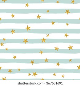 Gold glittering stars confetti seamless pattern on stripe background