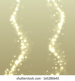 Gold glittering stars dust trail background. Christmas light effect. 