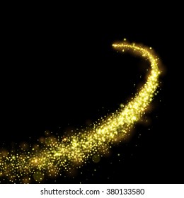 Gold glittering stars dust trail sparkling particles on black background. Space glitter comet tail. Vector illustration.