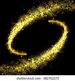 Gold glittering stars dust trail sparkling particles on black background. Space comet tail. Vector illustration.