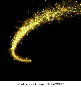 Gold glittering stars dust trail sparkling particles on black background. Space comet tail. Vector illustration.