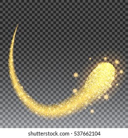 Gold glittering stars dust trail sparkling particles on black background. Space glitter comet tail. Vector illustration.