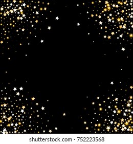 Gold Glittering Stars on Black Background. Greeting Card, Wedding, Invitation Template with Shimmering Stars Confetti. Night Sky Vector Background with Free Space for Glamour, Luxury Design.