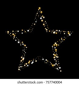 Gold Glittering Stars on Black Background. Greeting Card, Wedding, Invitation Template with Shimmering Stars Confetti. Dark Sky Vector Background with Free Space for Glamour, Luxury Design.