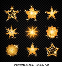 Gold glittering stars set sparkling particles on transparent background. golden sparkles hallow tail. Vector glamour fashion illustration