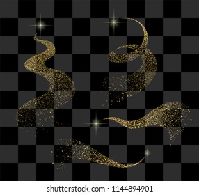 Gold glittering wave. Gold  spiral stars dust trail sparkling particles on transparent background. Space comet tail.Isolated. Vector illustration