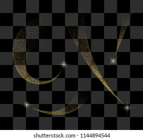 Gold glittering wave and stars.  Gold  stars dust trail sparkling particles on transparent background. Space comet tail. Isolated. Vector illustration