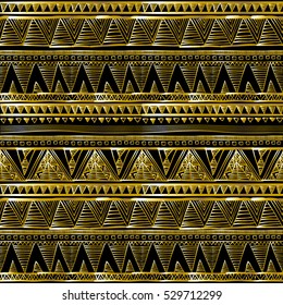 Gold glittering zigzag wave backgrouns. black vector Ethnic seamless art