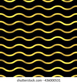 Gold glittering zigzag wave seamless pattern, gold decoration on black background with seamless ornament