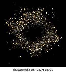 Resplandecientes dorados sobre un fondo negro.Antecedentes abstractos de partículas de oro en un círculo, marco vectorial, elemento de diseño vacacional