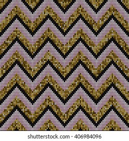 Gold Glittery background, Fair Pattern sweater design on the wool knitted texture. Knitting Ornament