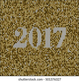 Gold Glittery, Christmas jumper fragment with 2017 New Year. Card of New Year 2017 with knitted texture. vector illustration for winter holiday, new year's eve, silvester