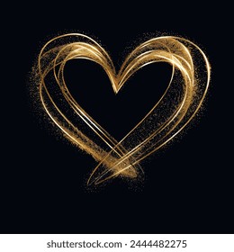 Gold glittery doodle line art beautiful artistic love heart pattern background illustration. Glowing shiny abstract modern golden lines luxury love heart image. Decorative ornate textured design.