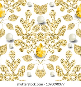 Gold glittery floral vector 3d seamless pattern. Leafy patterned jewelry background. Repeat damask glittering backdrop. Vintage floral glitters ornament with 3d pearls, gemstones, flowers, leaves