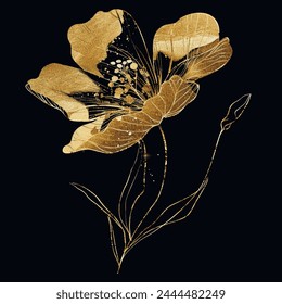 Gold glittery glowing blooming poppy flower pattern. Black vector background illustration with golden poppy flower, leaves. Decorative grunge textured shiny luxury stylish design.