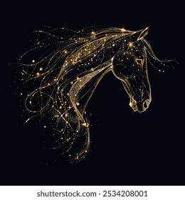 Gold glittery luxury glowing 3d horse with beautiful mane. Modern ornamental vector background. Golden glow decorative lines horse with sparkles, glitter. Grunge ornate texture.