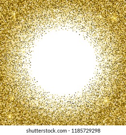 Gold glittery round frame with white background. Sparkle golden vector background. Seamless pattern