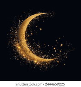 Gold glittery shiny 3d crescent and stars. luxury surface golden half moon with gold glitters. Beautiful decorative surface glowing moon pattern on black background. Grunge texture. Ornate design.