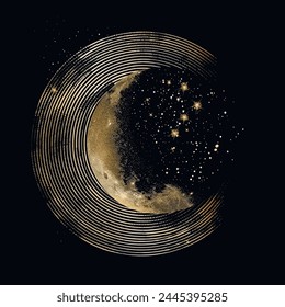 Gold glittery shiny 3d lines screscent and stars. luxury surface golden half moon with gold glitter. Beautiful creative surface glowing moon pattern on black background. Grunge texture. Ornate design.