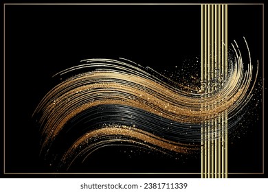 Gold glittery shiny brush stroke pattern with stripes, gold frame. Lorem ipsum. Ornate black background. Artistic decorative brushstroke. Luxury design for greeting cards. Grunge texture with glitters