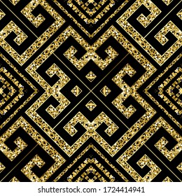 Gold glittery shiny greek vector seamless pattern. Ornate luxury ancient textured background. Geometric repeat glitters pattern. Greek key meander glowing ornament with gold dust, dots, spray, spots.