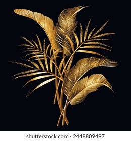 Gold glittery tropical 3d plants, palm branches with leaves, glitters. Textured shiny botanical palm leaves pattern background illustration. Luxury decorative glowing beautiful modern 3d design.