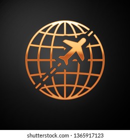 Gold Globe with flying plane icon isolated on black background. Airplane fly around the planet earth. Aircraft world icon. Vector Illustration