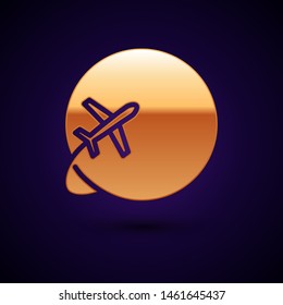 Gold Globe with flying plane icon isolated on dark blue background. Airplane fly around the planet earth. Aircraft world icon. Vector Illustration Gold Globe with flying plane icon isolated on dark blue background. Airplane fly around the planet earth. Aircraft world icon. Vector Illustration