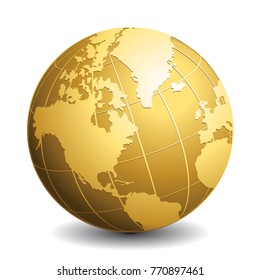 Gold globe icon. Glossy Earth business industry vector concept.