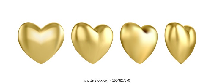 Gold glossy 3D three-dimensional heart balloon in different angles isolated on a white background.